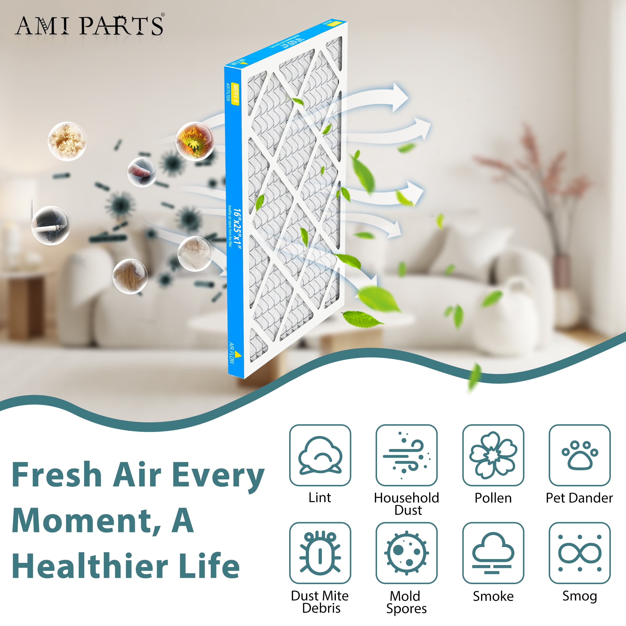 AMI PARTS 16x25x1 MERV 8 - 4 Count - High Efficiency Pleated HVAC, Furnace and Air Conditioner Filters