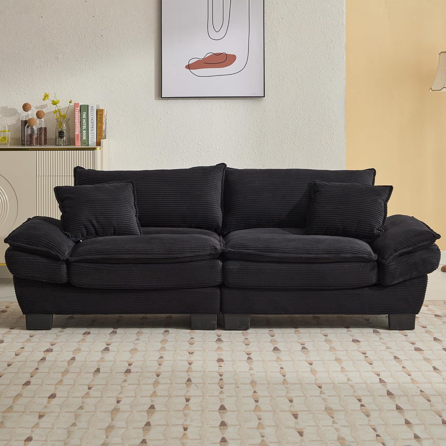 AENKYO 84" Corduroy Loveseat Sofa with Pillows, Modern 2-Seater Couch for Living Room,Black
