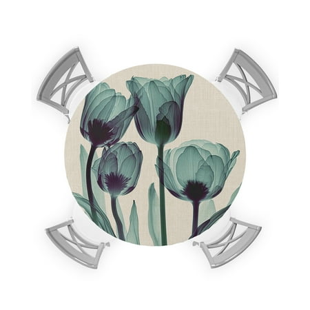 

Round Tablecloth with Elastic Abstract Green Tulip Ray Beige Texture Waterproof Stain-proof Table Cover Wipeable Fitted Table Cloths for 55 -60 Round Tables Dining Kitchen