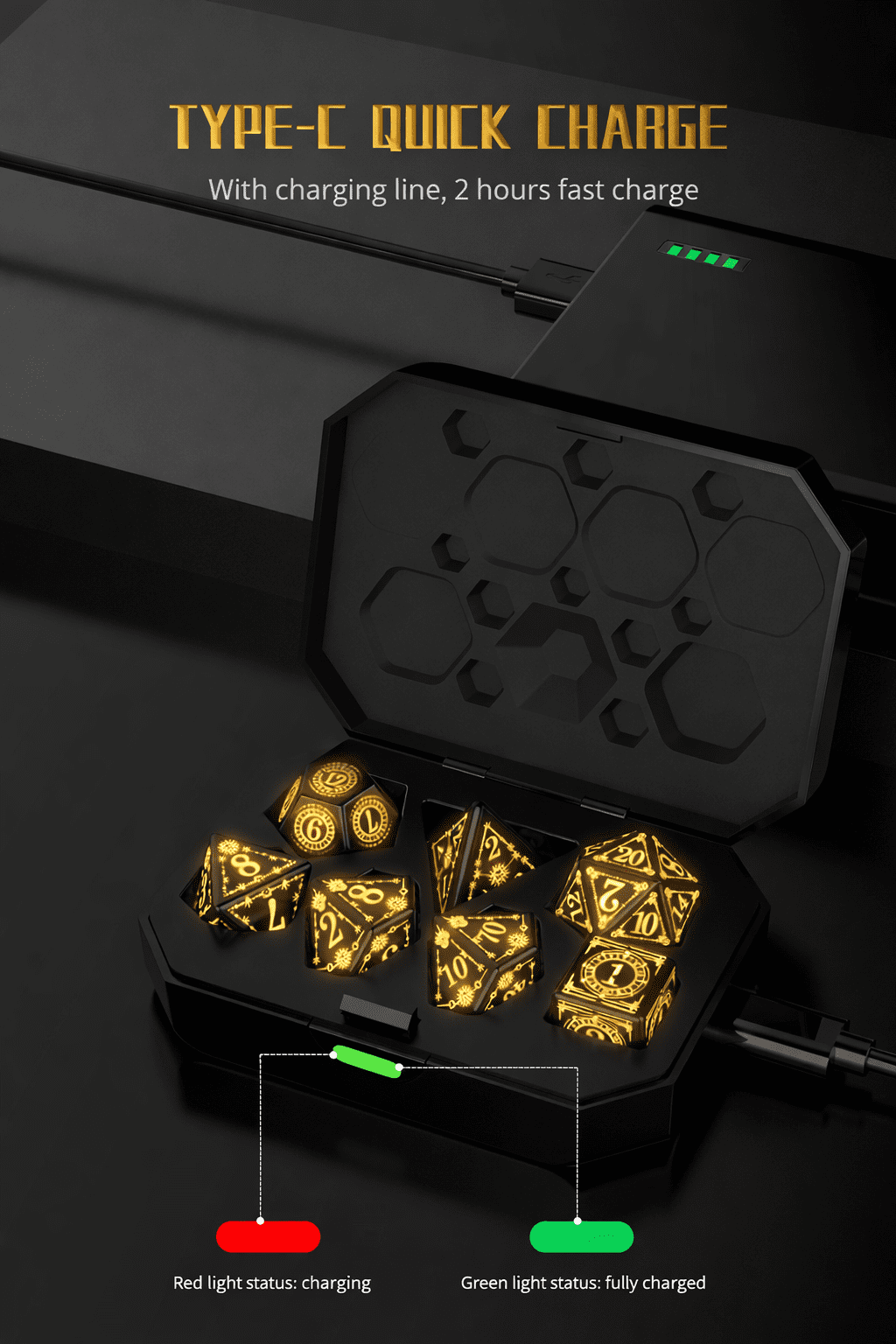 7-Piece LED Light Up Dice Set with Charging Case, Rechargeable Polyhedral Dice for Tabletop RPG, D4 D6 D8 D10 D12 D20