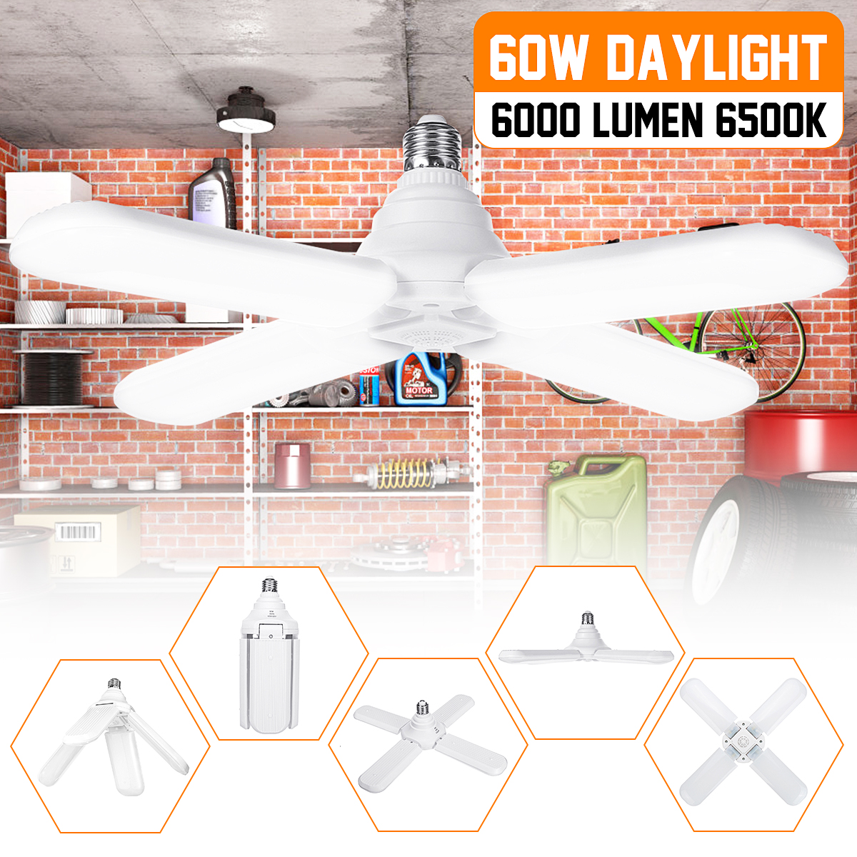 60W LED Garage Lights Foldable Bulb 4 Adjustable Fan Blades Deformable