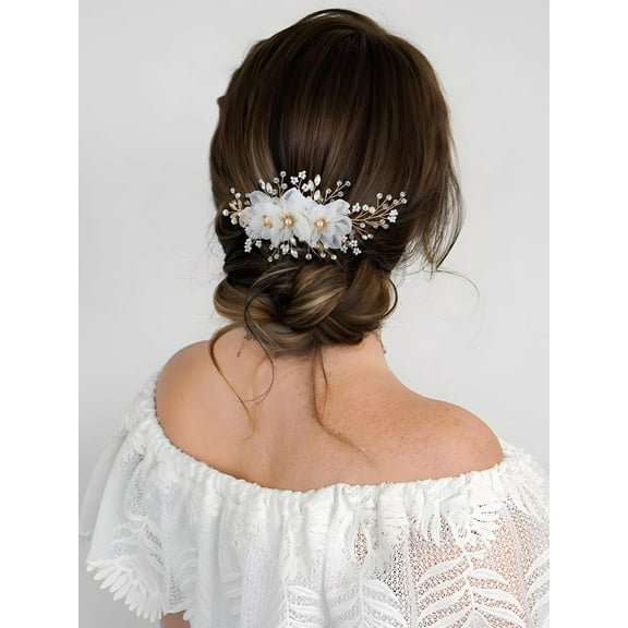 3Pcs Bridal Hair Pins White Flower Bride Hair Pieces Wedding Hair Side Combs Floral Headpieces Accessories Fall Beach Clip for Brides Bridesmaids Women Girls