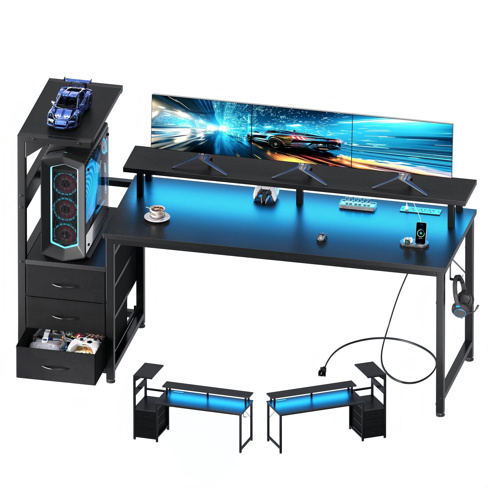 Kelno 59 Inch Computer Gaming Desk with USB Ports LED Lights Home Office Table with Monitor Stand Drawers, Black