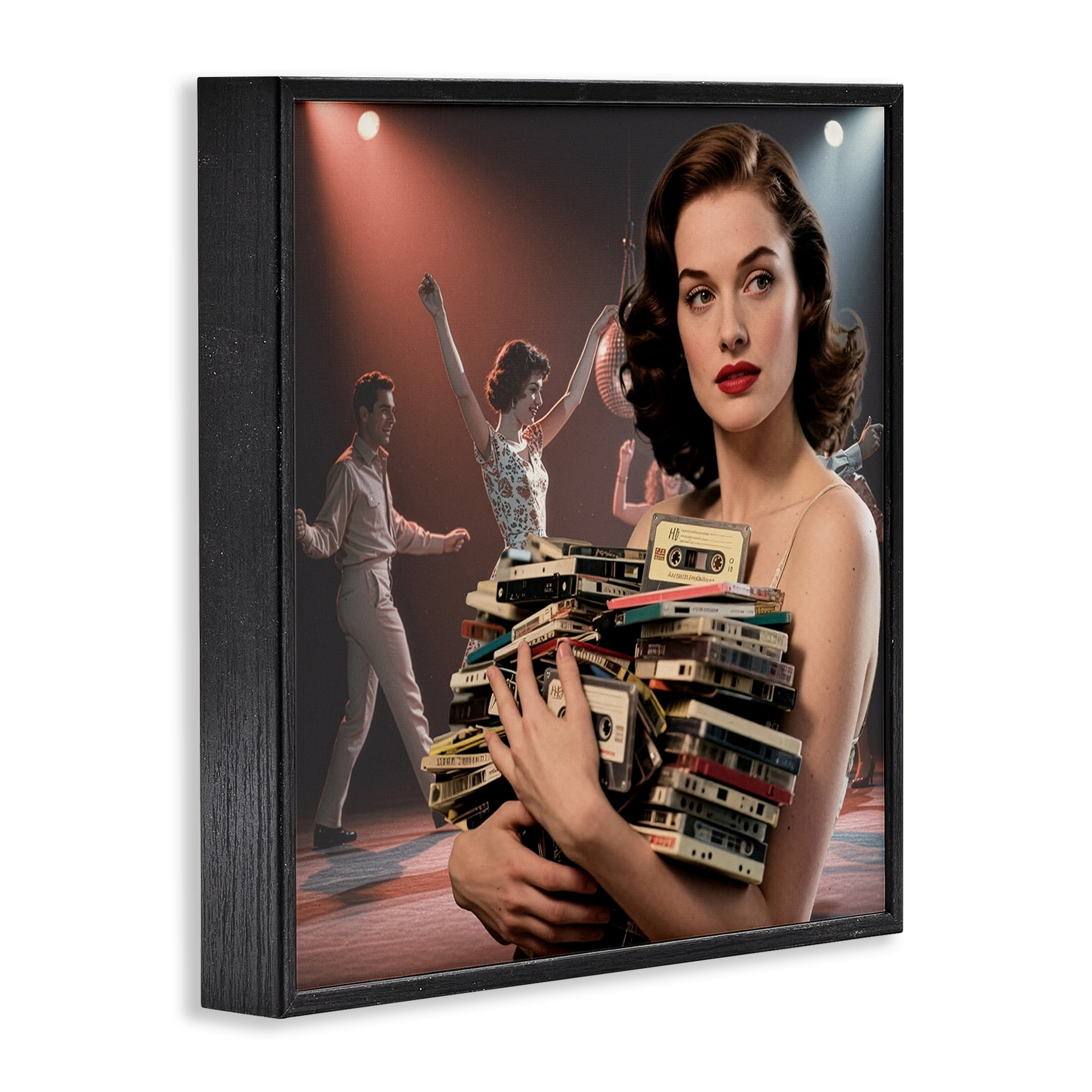 Stupell Industries Woman Holding Vintage Cassette Collection Black Framed Giclee Art, design by CAD Designs