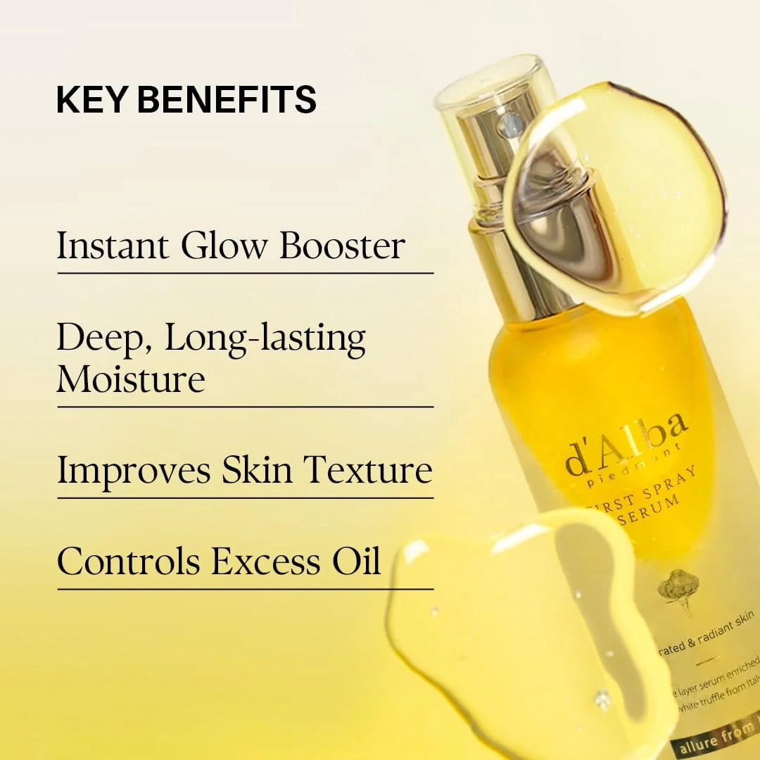 d'Alba Piedmont Italian White Truffle First Spray Serum, Hydrating Vegan Face Mist & Moisturizer, Glow Serum for Radiant Skin, Non-Comedogenic, 1.69 fl oz