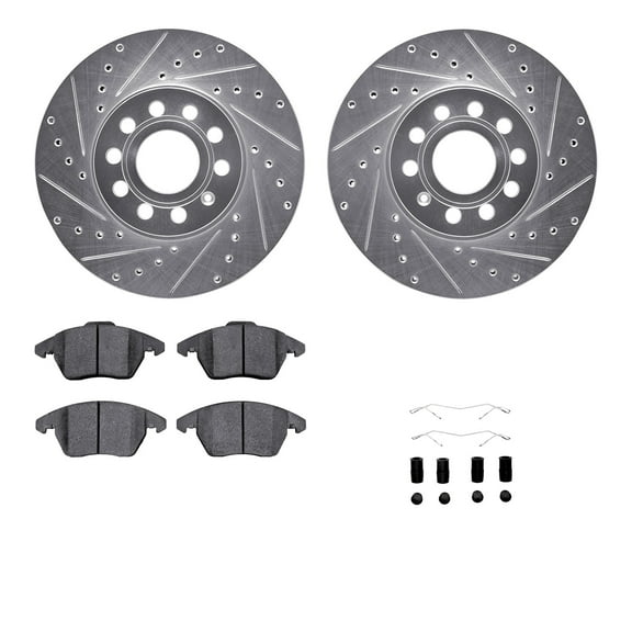 Dynamic Friction Company Front Brake Rotors-Drilled and Slotted-Silver with 5000 Advanced Brake Pads includes Hardware 7512-74056