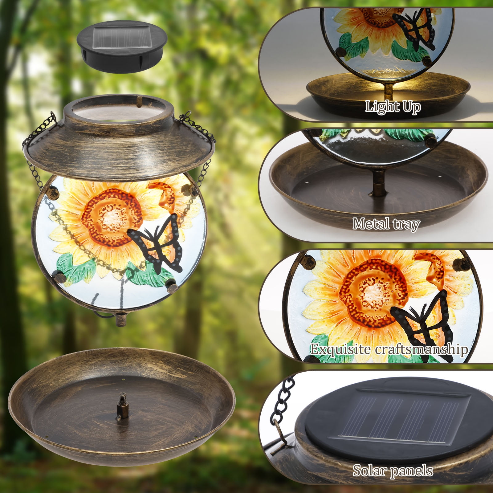 Threns Decorative Solar Bird Feeder Iron and Glass Solar Hummingbird Feeder with Hand Painted Pattern for Yard Patio Garden Outdoor