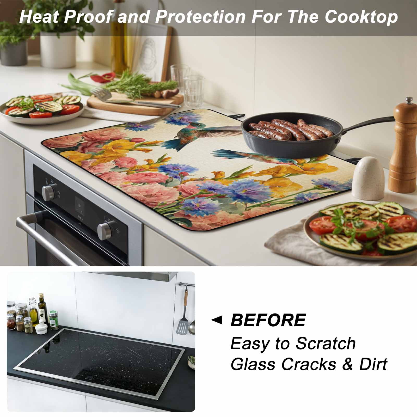 Vintage Hummingbirds Stove Top Cover for Electric Stove, Heat-proof & Non Slip Glass Top Stove Cover Protector, Spring Farmhouse Country Flowers Kitchen Flat Cooktop Rubber Mat 24x21 Inches