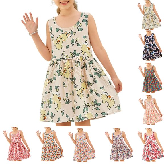 Afuyipoi Girls Sleeveless Sundress Size 2-12Y Rabbit Print Dress Casual Beach for Kids Green Size 4T