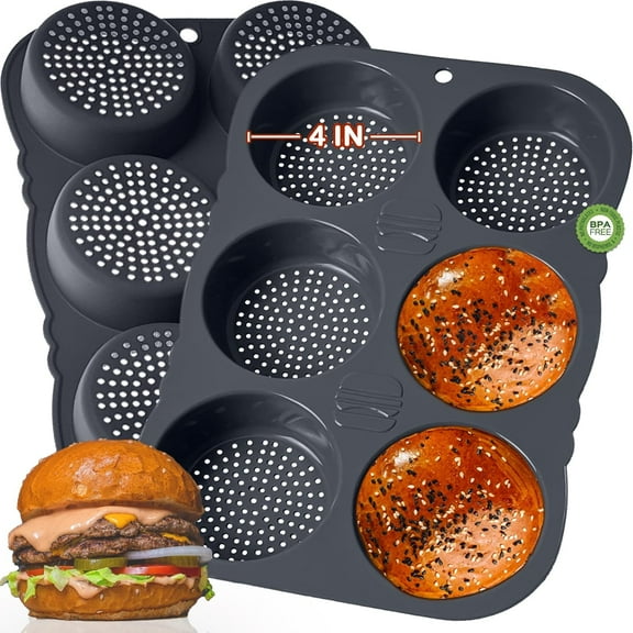 ABPETE Hamburger Bun Pan, 4 Inch Silicone Hamburger Bun Mold, 6 Cup Big Baking Pan for Homemade Hamburger Buns, Dishwasher Safe