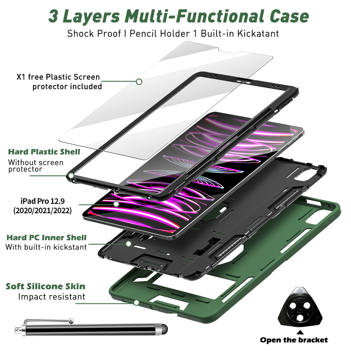For iPad Pro 12.9 Inch 6th Generation(2022) Case Rugged Kickstand Pencil Storage Heavy Duty Protective Cover (Green)