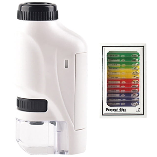 ODOMY Microscopio de Bolsillo con Zoom Iluminado LED con Sistema de Lentes Asféricas + Diapositivas Preparadas