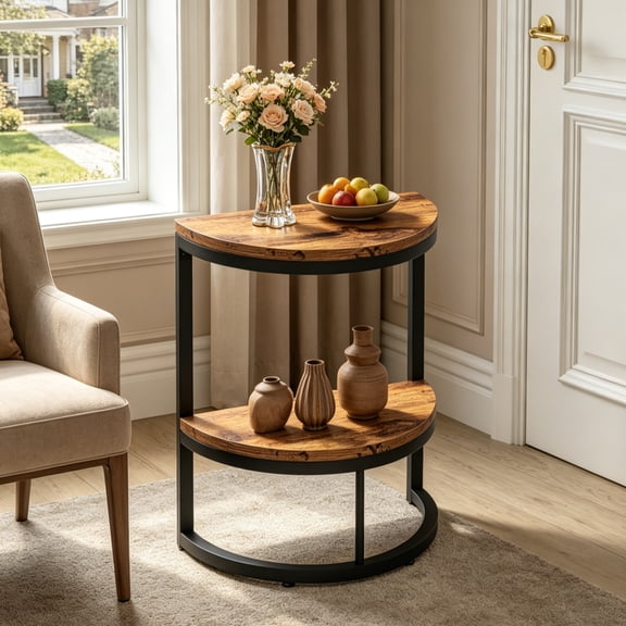 Fnova 2-Tier Half Moon End Table, Modern Wooden Narrow Sofa Side Table, Slim Accent Table Nightstand with Storage Shelf, Easy Assembly, for Living Room, Bedroom, Entryway, Small Space