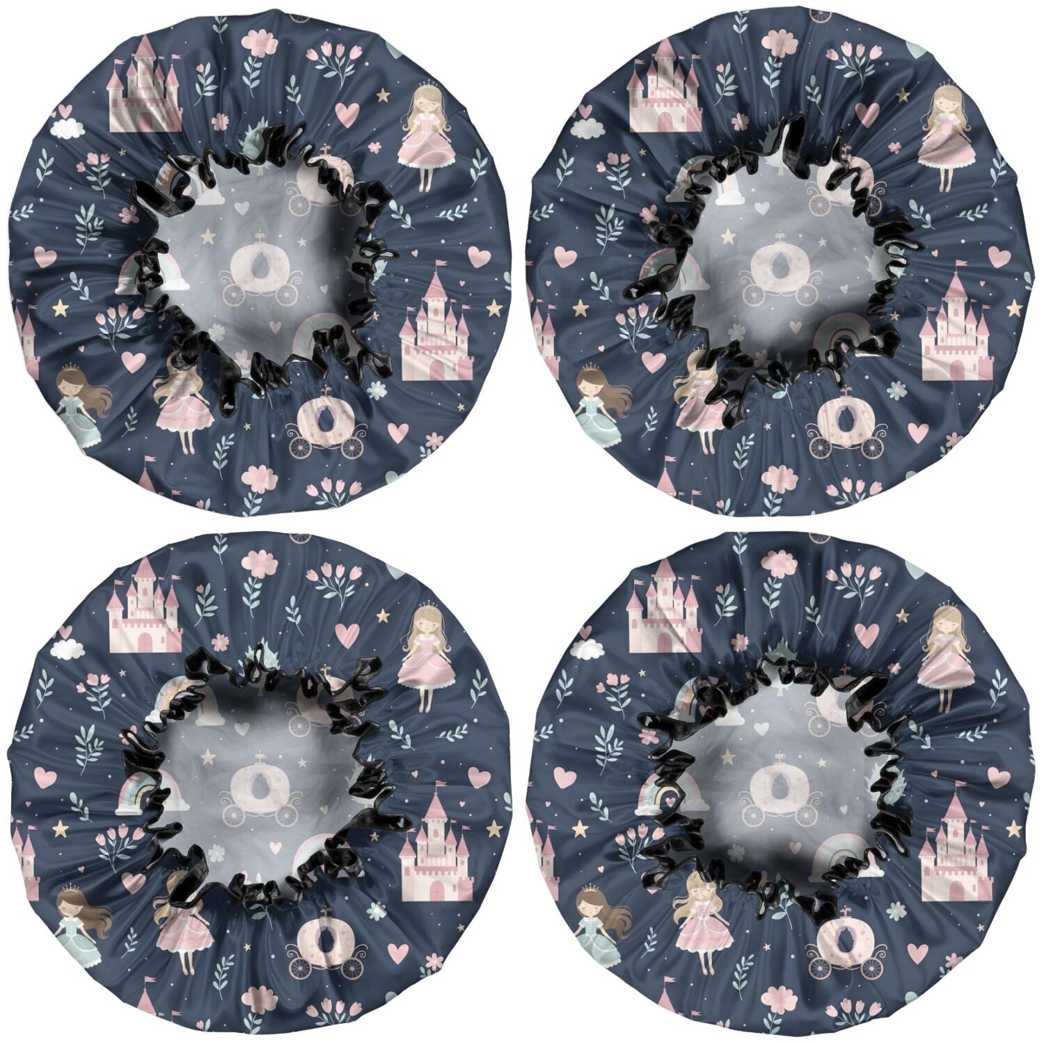Shower Caps,Navy Princess Castle Pattern Waterproof Shower Cap for Women 4 Pieces,Double Reusable Hair Cover for Shower PEVA Elastic Stretch Hem