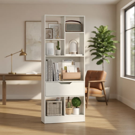 Resenkos 51 Inch Tall Freestanding Bookcase with Drawer, 7-Cube Storage Organizer for Living Room, Home, Office, White