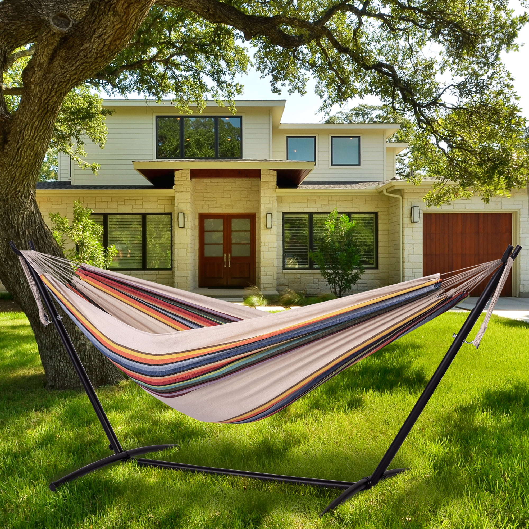 Prime Garden Double Cotton Hammock with Steel Stand,Multi Color Stripe