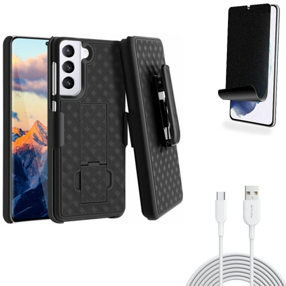 For Samsung Galaxy S21 (6.2") - [Fingerprint Works] TPU Film Privacy Screen Protector   Fast Charger Type-C 6ft USB-C Cable   Swivel Holster Case Belt Clip