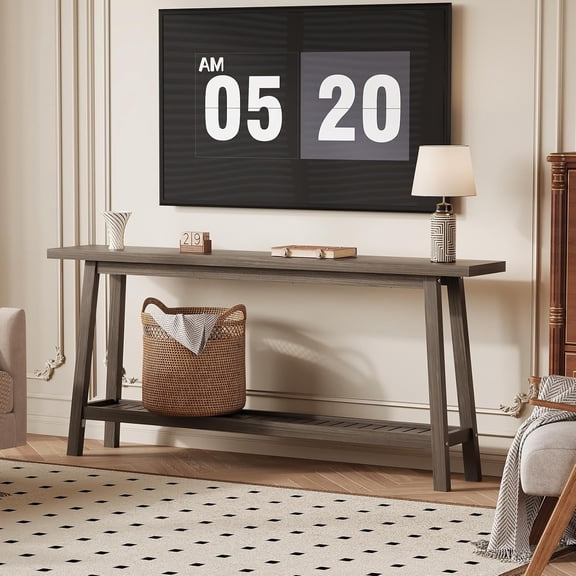 70.9 Inch Extra Long Console Table with Bottom Shelf, 2-Tier Narrow Farmhouse Sofa Table for Entryway, Living Room, or Hallway,Gray brown