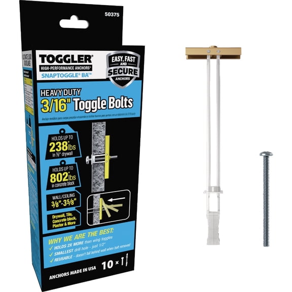 Toggler Snaptoggle Heavy Duty Drywall Toggle Anchor - Zinc-Plated - 10 Pack With Bolts
