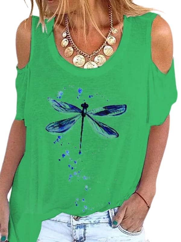 Women's O-neck Dragonfly Print T-shirts Short Sleeve Off Shoulder ...