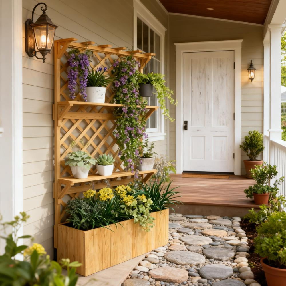Raised Garden Bed, Wooden Planter with Trellis, Hanging Roof, Plant Shelf, Drainage Holes and Bed Liner
