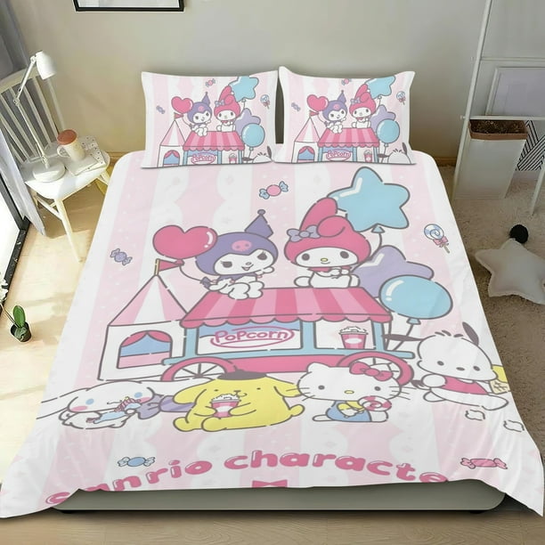 Sanrio Conjunto de sábanas temático, trío de piezas, cómodo y amigable con la piel, diseño único, regalo de decoración para el hogar para familiares, amigos y fans, 90 cm * 190 cm