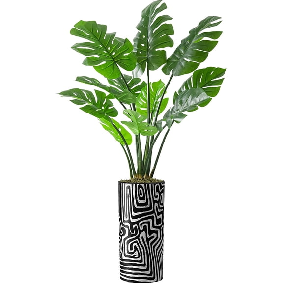 Artificial Tree in Modern Geometric Pattern Planter, Fake Monstera Silk Tree for Indoor and Outdoor Home Decoration - 65" Overall Tall (Plant Pot Plus Tree)