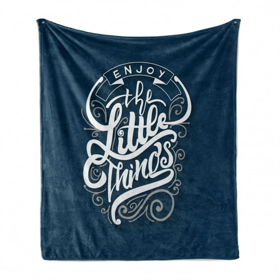 Enjoy the Little Things Soft Flannel Fleece Throw Blanket, Positive Phrase with Curlicues on Blue Shade Background, Cozy Plush for Indoor and Outdoor Use, 60" x 80", Navy Blue and White, by Ambesonne