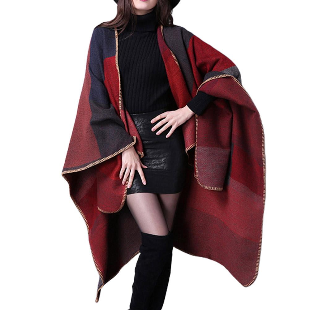 Peryerana Women Plaid Sweater Poncho Cape Coat Open Front Blanket Shawls and Wraps, Adult Unisex, Size: Large, Red