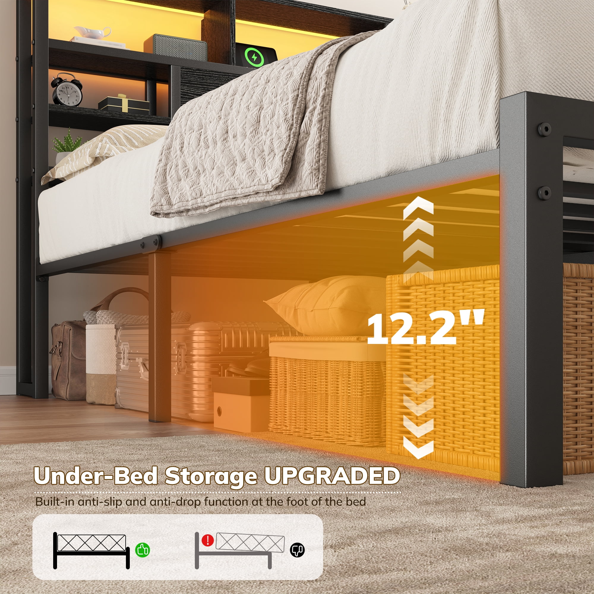 EnHomee Metal Platform Bed Frame with Headboard King Size Bed Frame with 4-Tier Storage Shelf & 3 Open Compartments & LED Lights & Charging Station ,Black