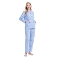 thumbnail image 1 of Apparonia Pjs mujer algodón: camisa m/larga c/botones al frente y pantalón. Ropa de dormir c/cuello con solapa. Conj. de descanso con linda flor azul. Talla XXL, 1 of 7