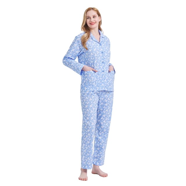Apparonia Pjs mujer algodón: camisa m/larga c/botones al frente y pantalón. Ropa de dormir c/cuello con solapa. Conj. de descanso con linda flor azul. Talla XXL