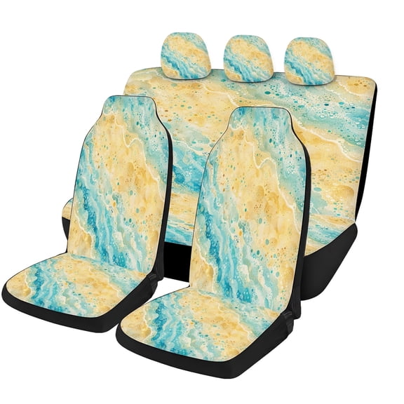 Classic Aqua Gold Marble Car Seat Covers Full Set, Universal Auto Seat Covers with Front Seat Covers, Rear Bench Cover and Headrest Covers for Cars SUVs Trucks Vans