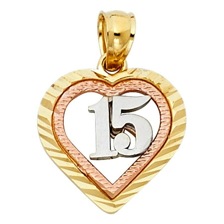 Cute Heart Charm - Heart Disc Diamond Cut High Polish 15th Birthday Charm Quince Anos 14k Tri Colored Solid Gold 15mm Pendant Necklace Fine Gift Ideal