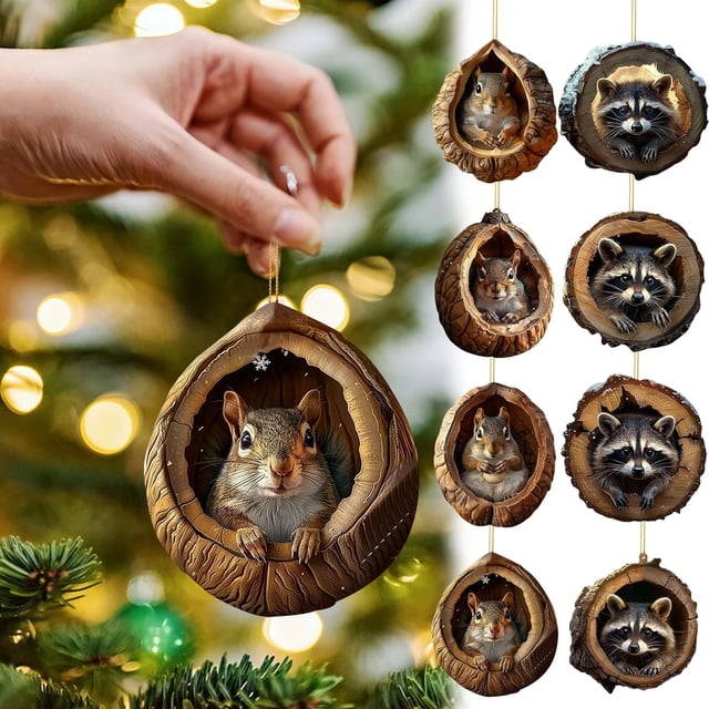 Xihbxyly Adornos Navideños de Animales, Diseño de Búho y Mapache, Acrílico Plano 2D, Material Ligero y Duradero, Colgantes para Árbol de Navidad, Decoración Versátil, Regalo Festivo Único, Incluye 1
