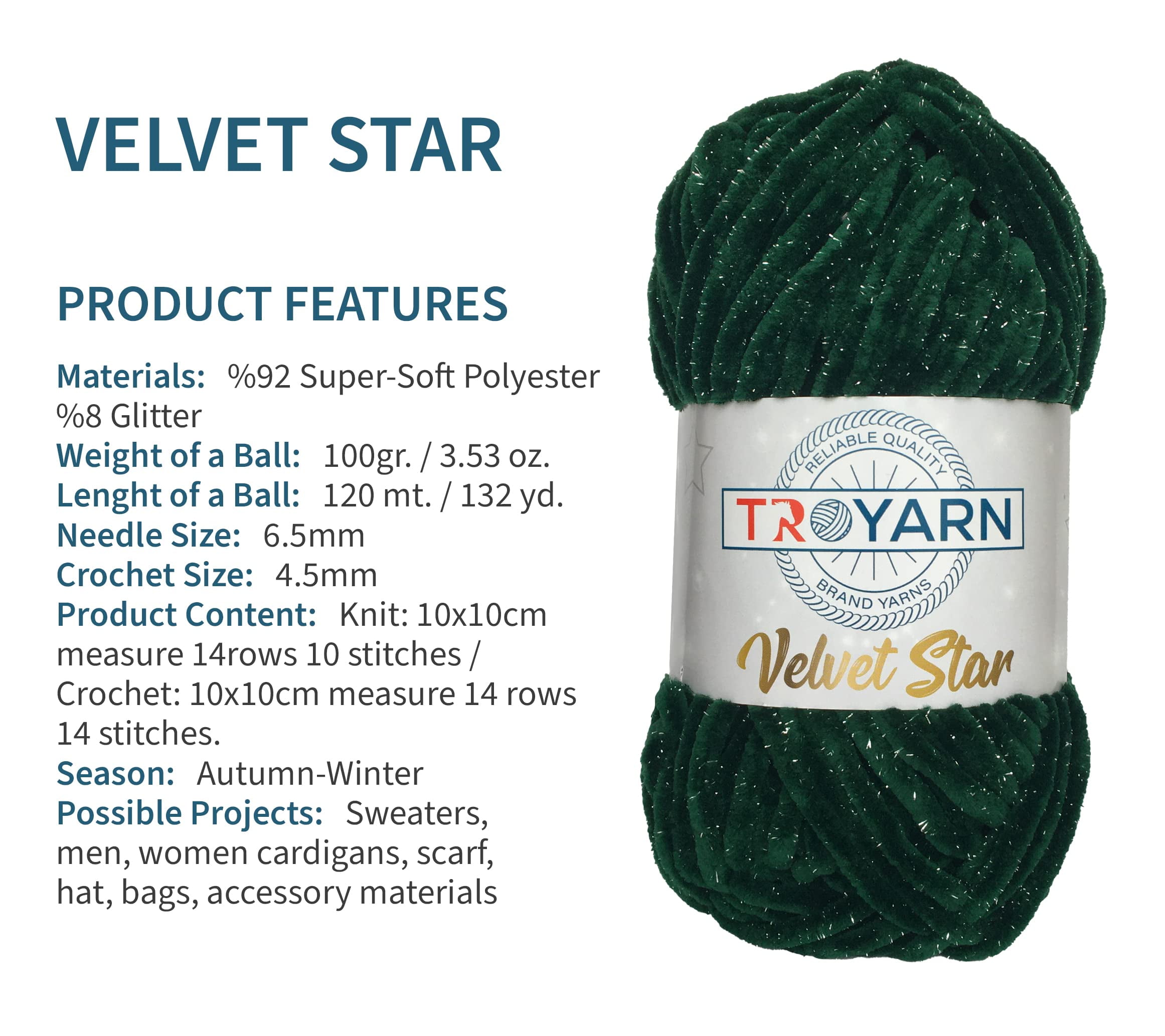 Troyarn Velvet Star (3- Skeins Pack) Silvery Glitter Chenille Baby Blanket Yarn Amigurumi Yarn for Crocheting and Knitting Super Bulky 3x100 gr (3x120 yds) (10450 - Christmas, 3 Skein)