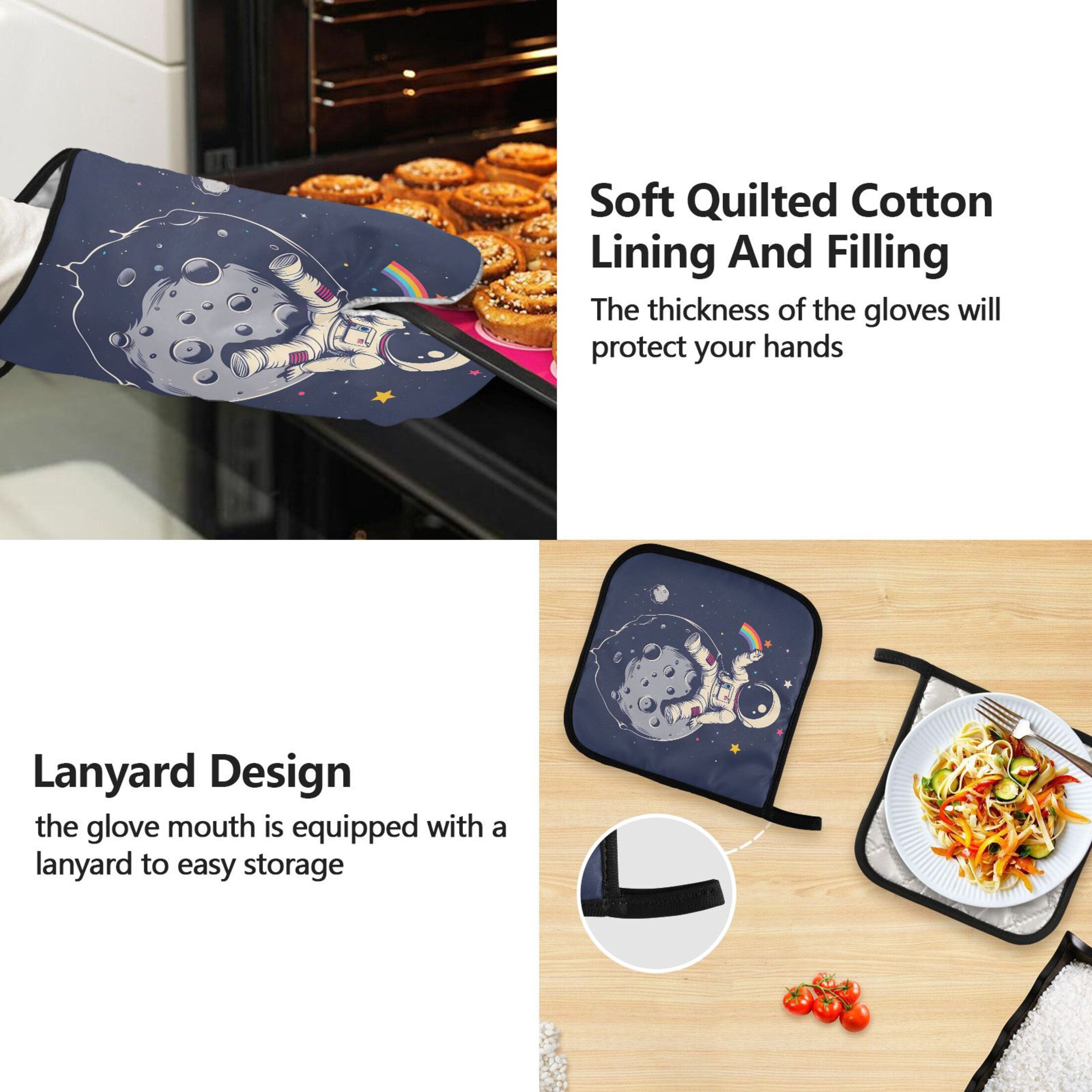 Astronaut on Moon 5 Pcs Kitchen Set Heat Resistant Oven Mitts and Non-Slip Pot Holders with Adjustable Cooking Apron