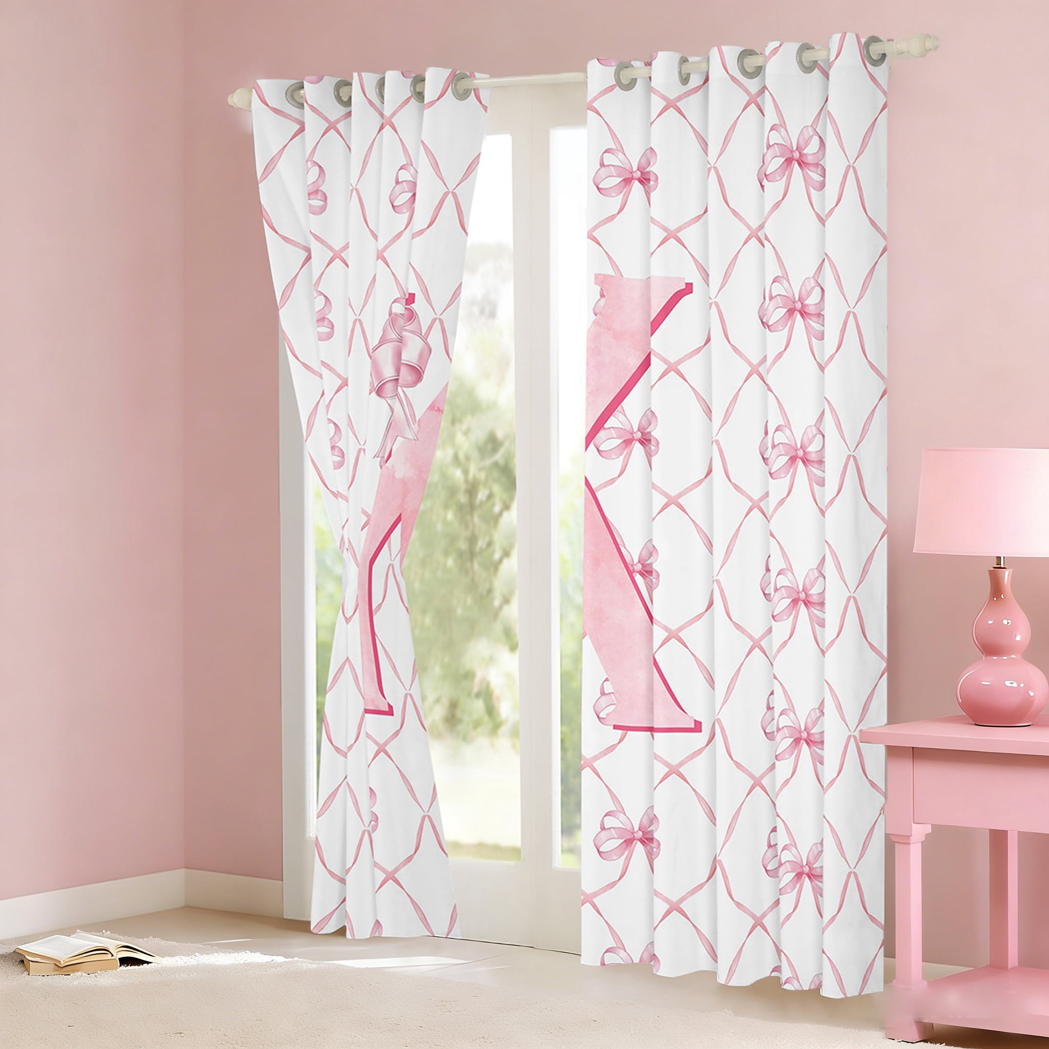Manfei Personalized Gifts Curtains Pack of 2 (38x45),Latter K Black Out Curtains,Pink Kawaii Bow Curtains for Living Room,Lightweight Room Decoration
