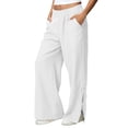 thumbnail image 2 of Hfnxid Women Cotton Linen Pants Casual Loose Fit Palazzo Pant High Waist Wide Leg Trousers Side Slit Lace Trim Lounge Trousers Going Out Beach Vacation Slacks White S, 2 of 9