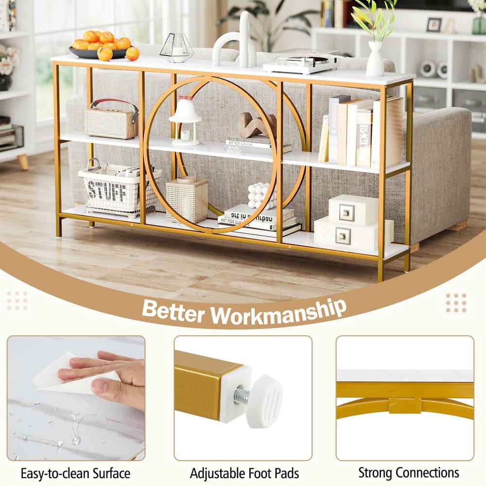 Barara King 3-Tier Console Desk Table with Faux Marble Top and Storage Shelves, Entryway Table for Hallway, Living Room, White