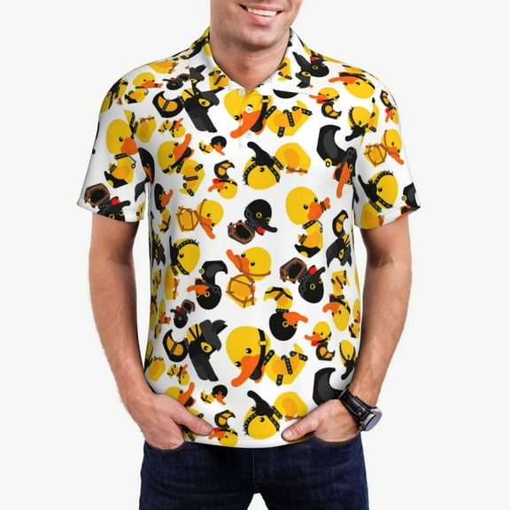 Qokaie Duck In Black Suit1 Drawing Men’s Polo Shirts – Premium Pique Breathable Classic Polo Shirt – Stylish Short Sleeve Polo with 3-Button Placket-Small