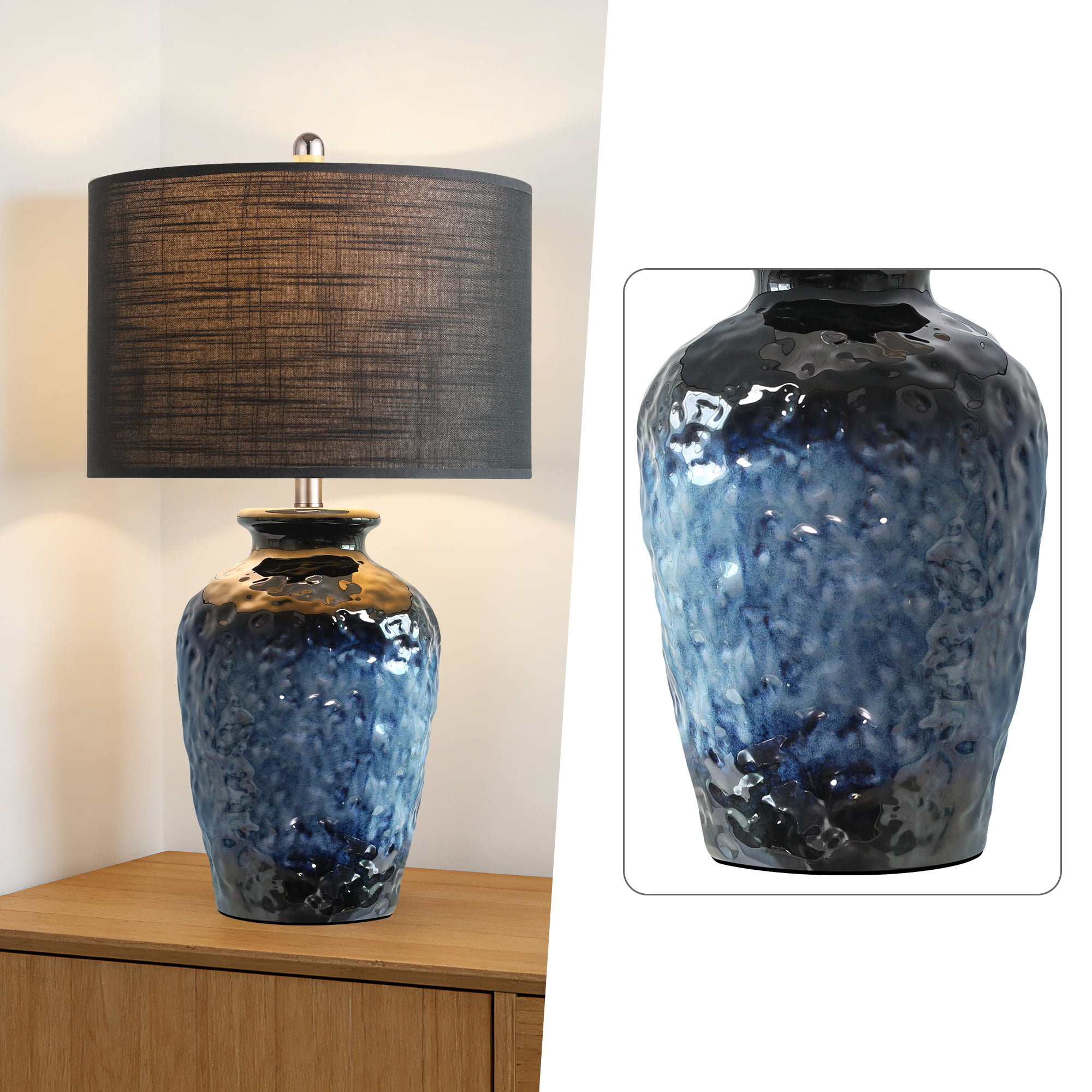 26in Farmhouse Ceramic Table Lamp, Rustic Navy Blue Bedside Lamp with Black Linen Shade for Bedroom Living Room Office Nightstand