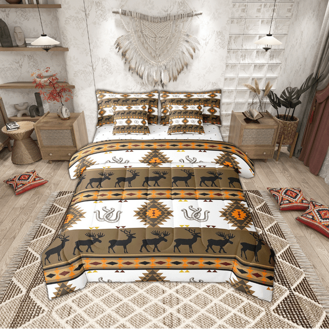 Erosebridal Brown Boho Aztec Bedding Sets Full Size, Southwestern Tribal Exotic Style Comforter Sets with Sheets, Rustic Moose Decor, Reversible 7pcs