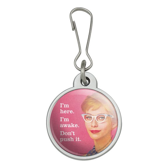I'm Here Awake Don't Push it Funny Humor Jacket Handbag Purse Luggage Backpack Zipper Pull Charm
