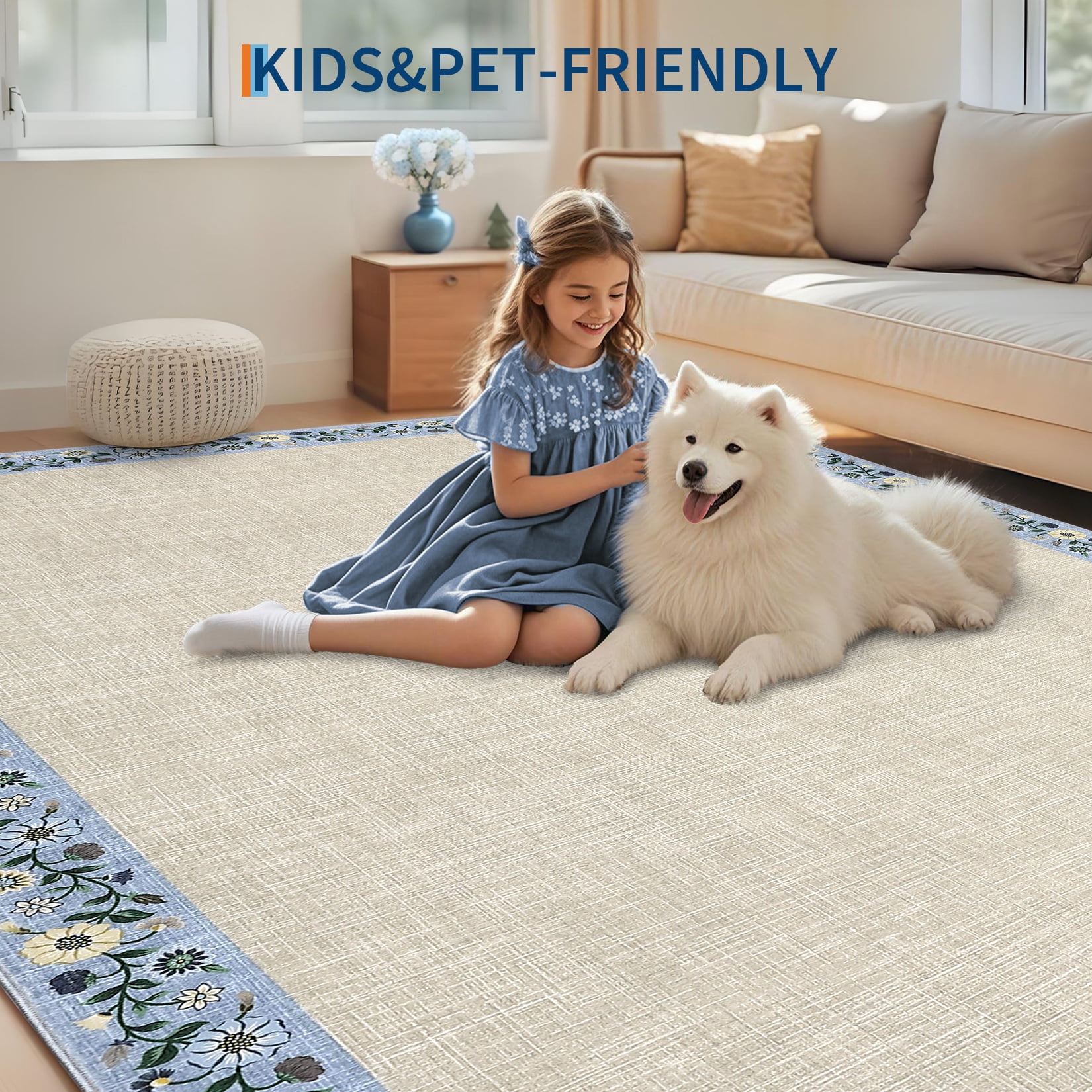 Washable Area Rug 8x10 – Farmhouse Floral Non-Slip Carpet for Living Room, Low Pile Indoor Mat with TPR Backing, Foldable Rug for Home Office, Beige