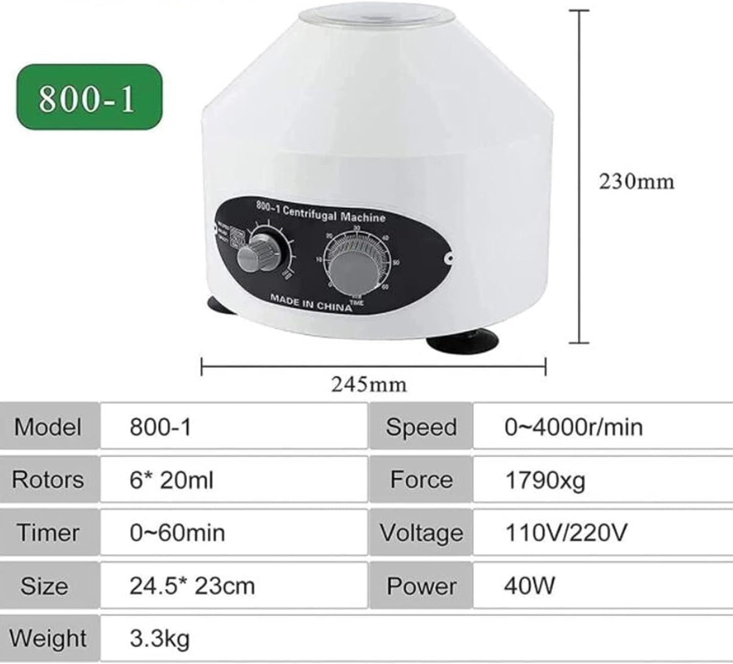Mini Electric Centrifuge, Low Speed Lab Centrifugal Machine with 4000rpm & 0-60 Timer, Laboratory Separation Equipment