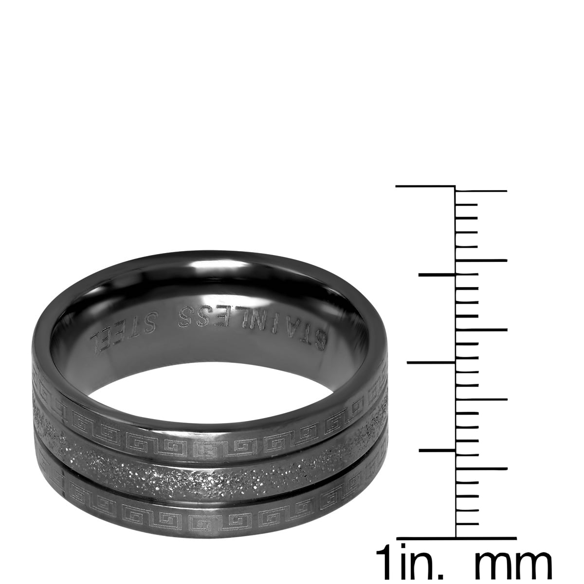 Men's Black IP Stainless Steel Sand Dust Inlay Ring with Greek Key Accents