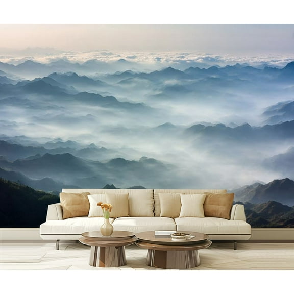Peel and Stick Wallpaper Waterproof Mountains morning foggy day Wall Mural Decor Self Adhesive and Removable 69in x 98in