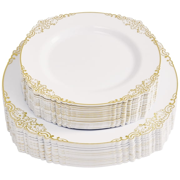 Daluvenix 100 Pcs Gold Plastic Plates for 50 Guests, White and Gold Disposable Plates, Vintage Disposable Dinnerware for Party, Wedding and Graduation