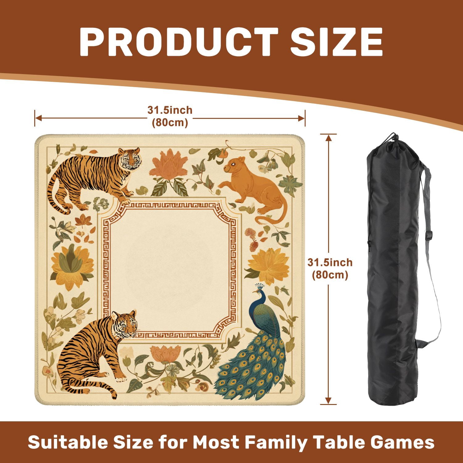 Mahjong Mat 31.5" x 31.5" Tigers Peacock Floral Frame Bold Autumn Colors Non-Slip Noise Reduction American Mahjong Tiles Table Cover for Dominoes Poker Card Board Games Gift